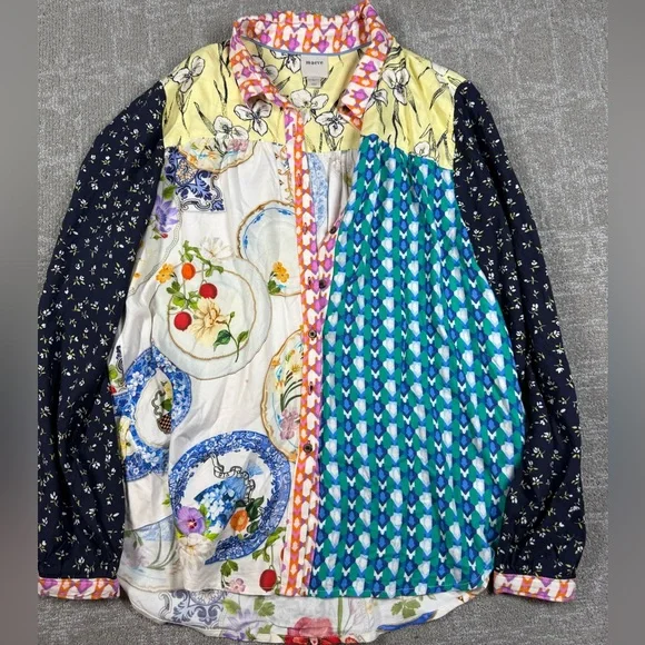 Maeve x Anthropologie Paz Contrast Button Down Shirt Blouse Women Size Large - Picture 1 of 7